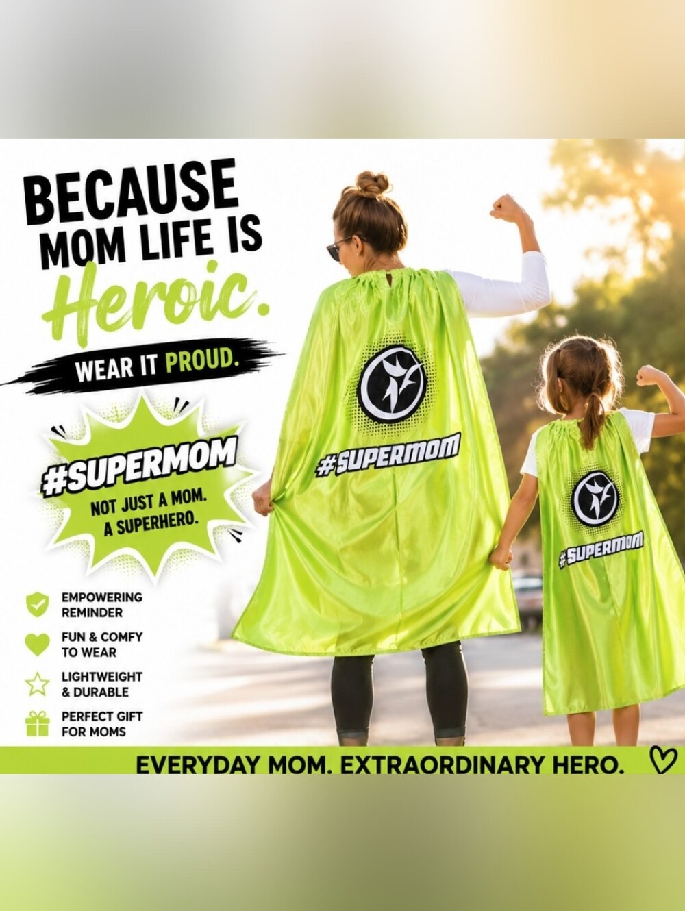 #SUPERMOM Lime Green Superhero Cape for Mom Halloween Costume